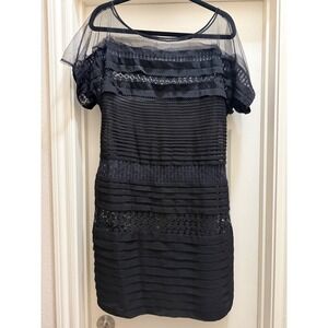Diane von Furstenberg Black Silk Lace Illusion Sheath Dress Size 12 DVF Cocktail